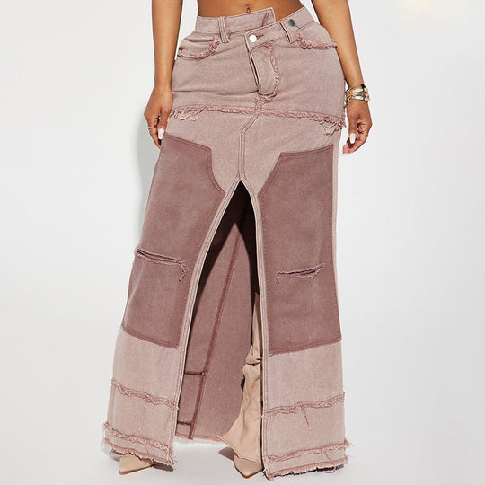 Asymmetric Charm: Women's Washed Contrast Denim Skirt with Frayed Details and Pockets-Slay Eclectic