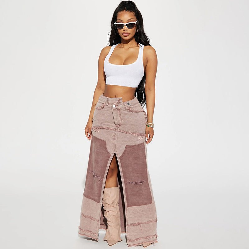 Asymmetric Charm: Women's Washed Contrast Denim Skirt with Frayed Details and Pockets-Slay Eclectic