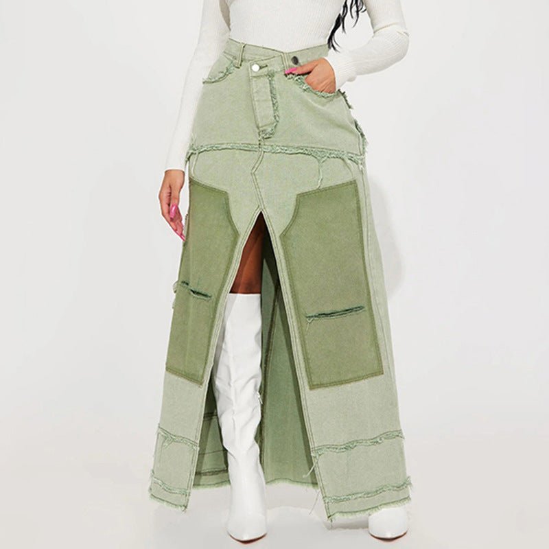 Asymmetric Charm: Women's Washed Contrast Denim Skirt with Frayed Details and Pockets-Slay Eclectic