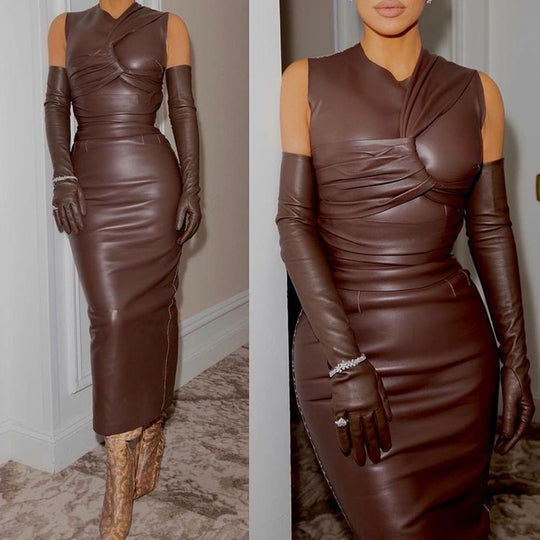 Asymmetrical Brown Faux Leather Sleeveless Bodycon Maxi Dress-Slay Eclectic