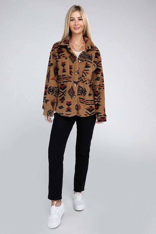 Aztec-Inspired Sherpa Button-Down Jacket | Slay Eclectic