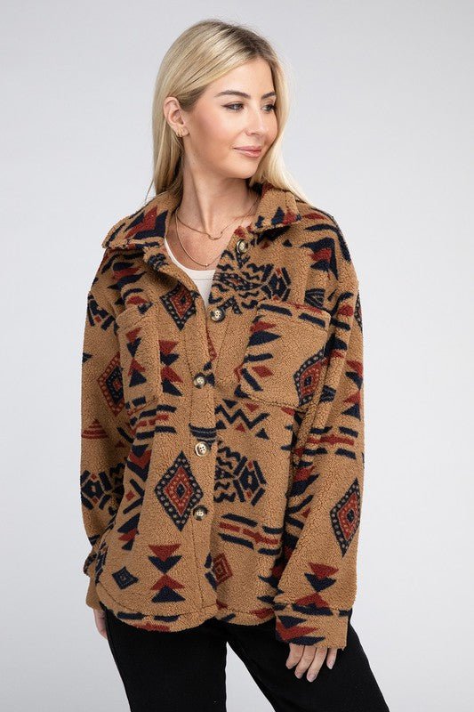 Aztec-Inspired Sherpa Button-Down Jacket | Slay Eclectic