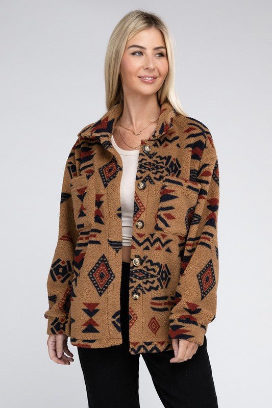 Aztec-Inspired Sherpa Button-Down Jacket | Slay Eclectic