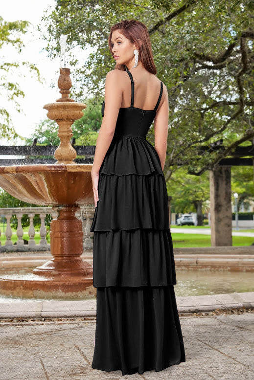 Miriam Maxi Dress - Black with Elegant Ruffle Detail