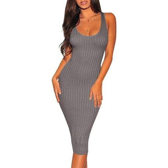 Bodycon Ribbed Scoop Neck Midi Dress - Gray | Slay Eclectic