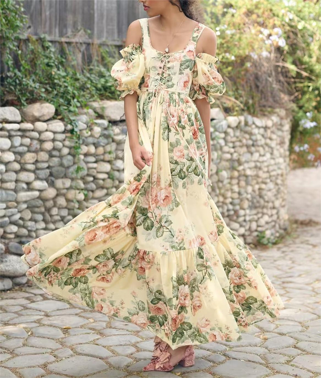 Bohemian Floral Midi Dress Set with Puff Sleeves - Perfect for Summer Vacations!-Slay Eclectic