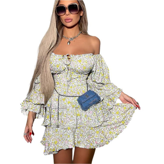 Bohemian Floral Off-Shoulder Long Sleeve Tube Dress with Ruffle Detail-Slay Eclectic