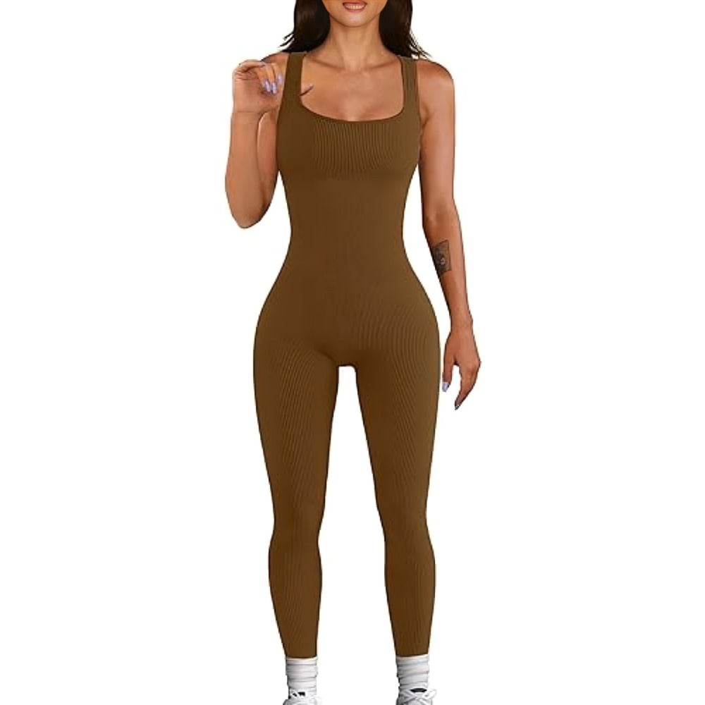 Yoga Ribbed One-Piece Square Neck Jumpsuit - Earthy Brown