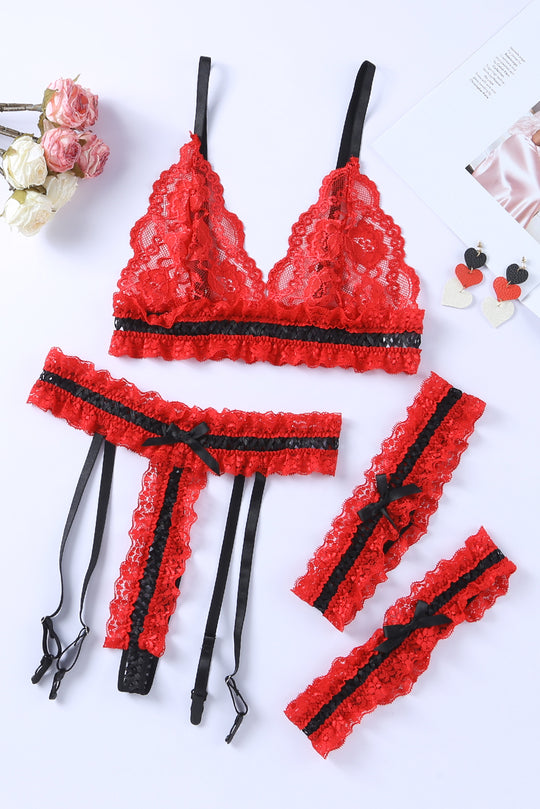 Red Sheer Lace Contrast Black Trim Lingerie Set