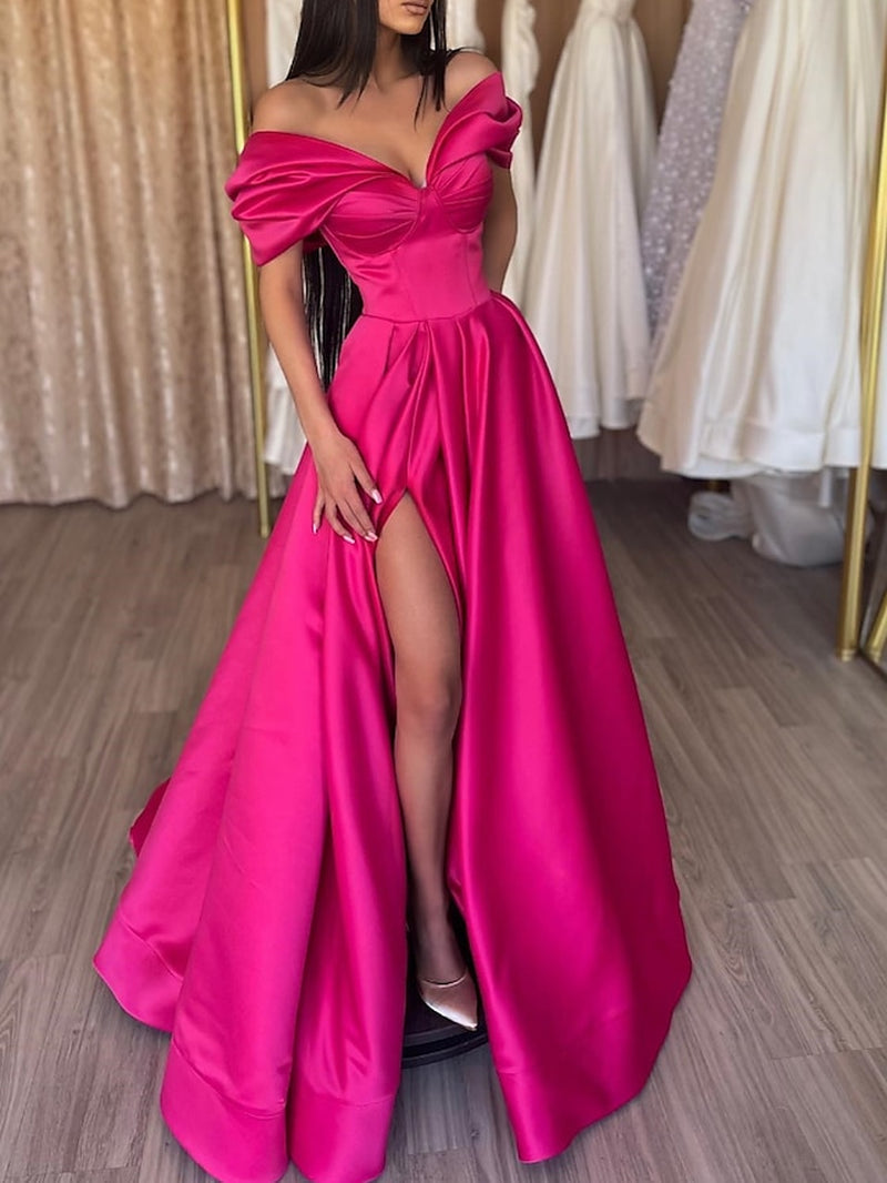 TS A-Line Evening Gown Sexy Dress Wedding Guest Prom Floor Length Short Sleeve off Shoulder Satin with Slit Pure Color 2025