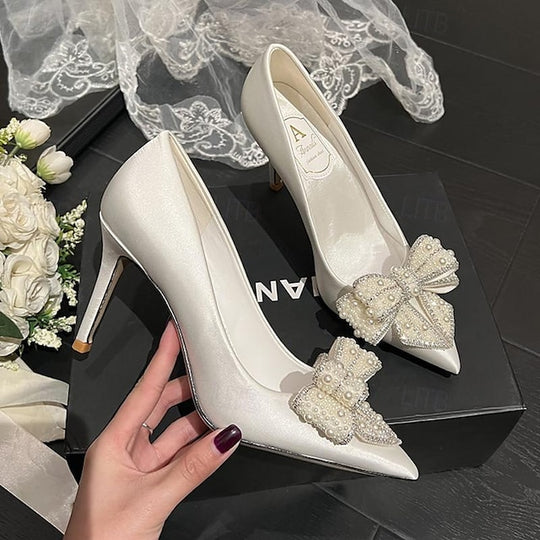 Women'S White Satin Pointed Toe Stiletto Heels with Rhinestone Bow and Pearl Embellishments – Elegant Bridal Wedding Shoes