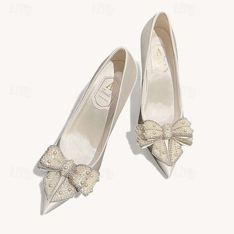 Women'S White Satin Pointed Toe Stiletto Heels with Rhinestone Bow and Pearl Embellishments – Elegant Bridal Wedding Shoes