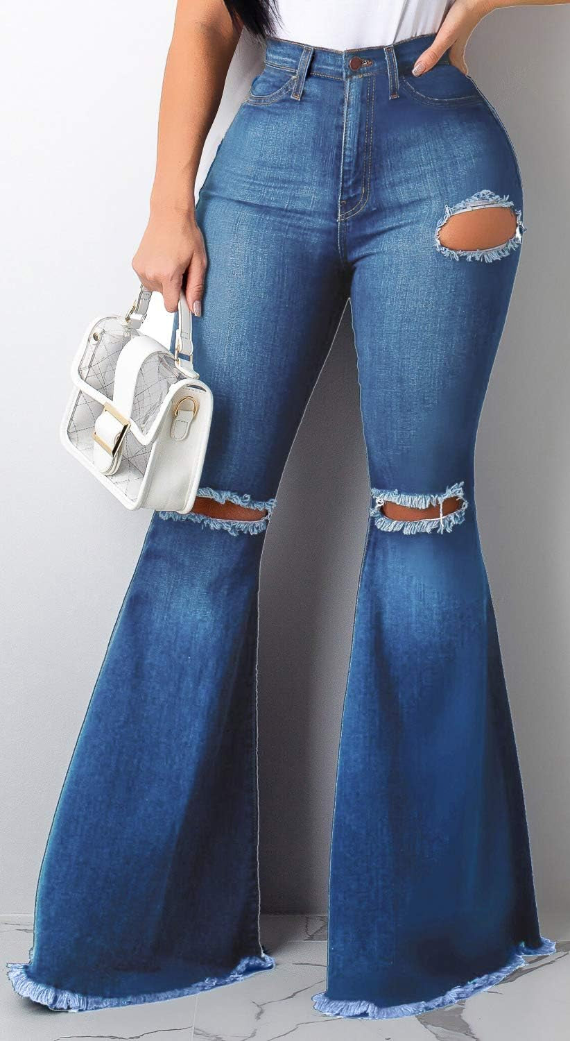 Chic High-Waisted Flared Denim Jeans with Distressed Details for Women-Slay Eclectic