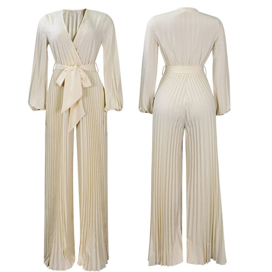 Charm Flare Pleated V-Neck Summer Jumpsuit - Cream-Slay Eclectic