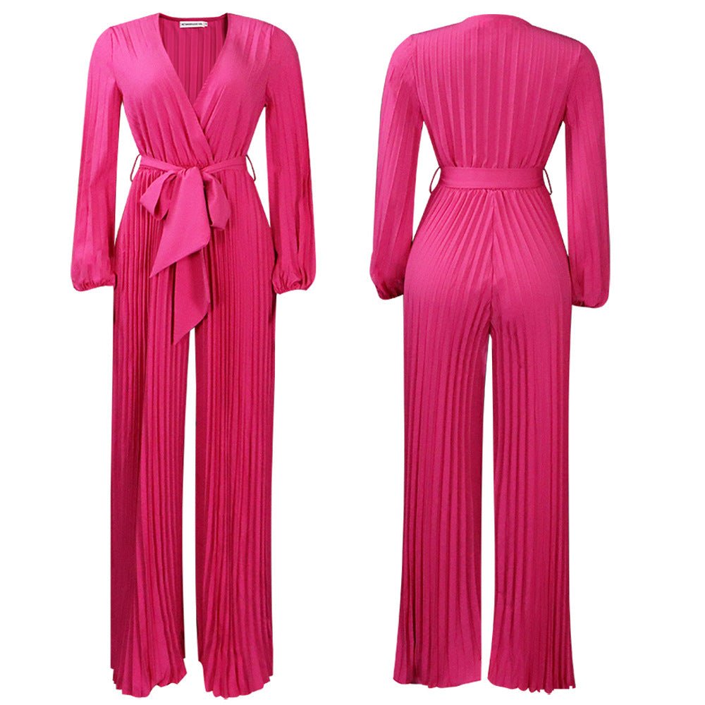 Charm Flare Pleated V-Neck Summer Jumpsuit - Pink-Slay Eclectic