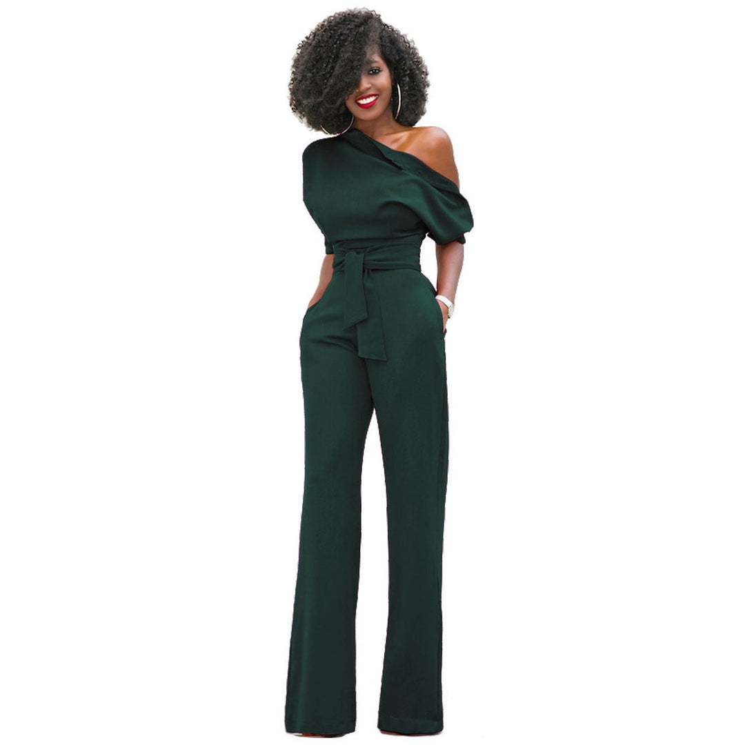 Chic Diagonal One-Shoulder Button-Up Wide Leg Jumpsuit - Army Green-Slay Eclectic