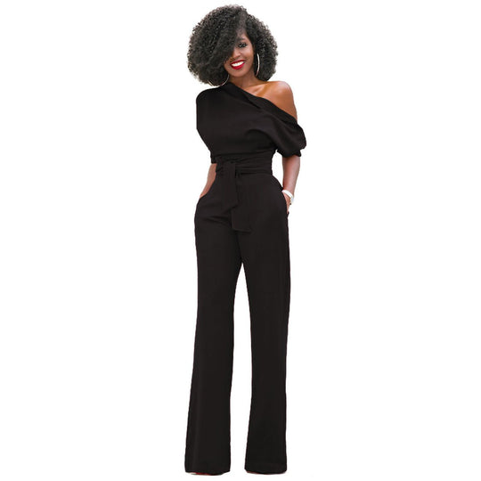 Chic Diagonal One-Shoulder Button-Up Wide Leg Jumpsuit - Black-Slay Eclectic