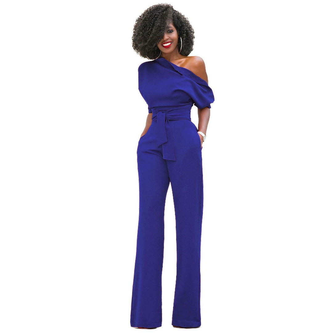 Chic Diagonal One-Shoulder Button-Up Wide Leg Jumpsuit - Blue-Slay Eclectic