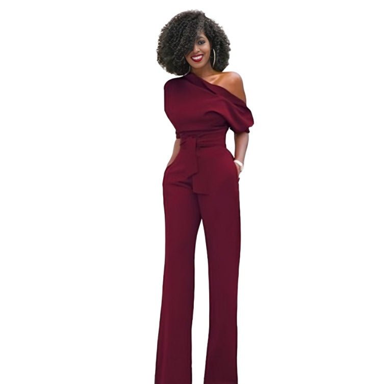 Chic Diagonal One-Shoulder Button-Up Wide Leg Jumpsuit - Wine-Slay Eclectic