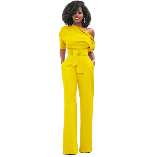 Chic Diagonal One-Shoulder Button-Up Wide Leg Jumpsuit - Yellow-Slay Eclectic