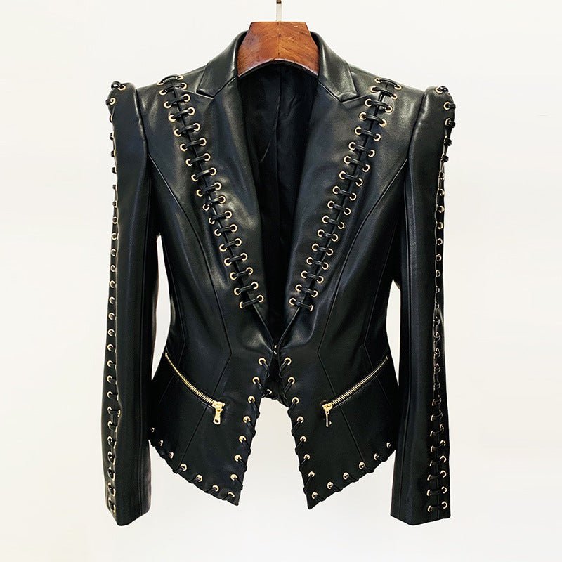 Chic Eyelet-Detail Faux Leather Blazer for Effortless Elegance-Slay Eclectic