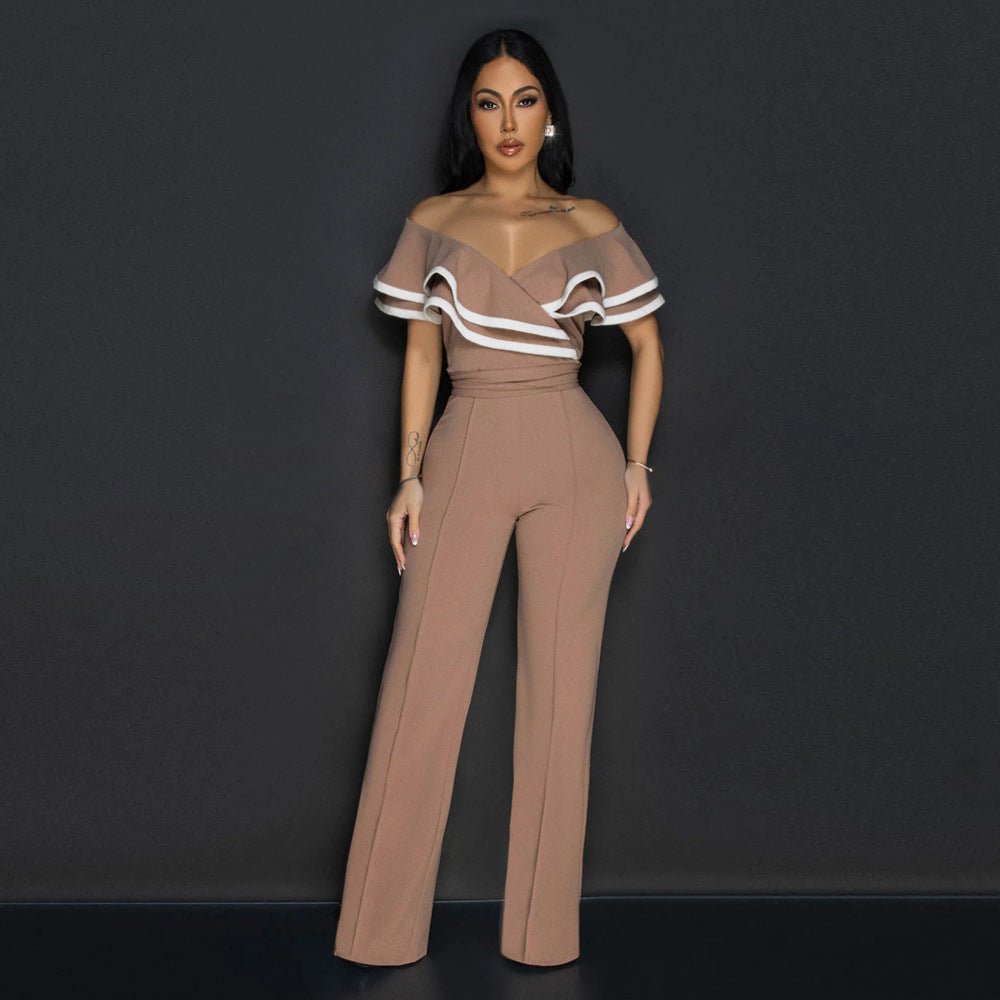 Chic Off - Shoulder Summer Jumpsuit with Ruffled Pant Legs and Belted Detail - Slay Eclectic