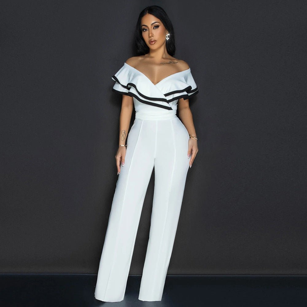 Chic Off - Shoulder Summer Jumpsuit with Ruffled Pant Legs and Belted Detail - Slay Eclectic