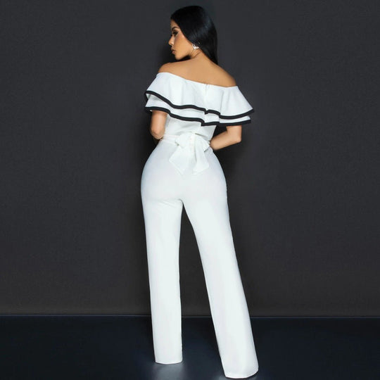 Chic Off - Shoulder Summer Jumpsuit with Ruffled Pant Legs and Belted Detail - Slay Eclectic