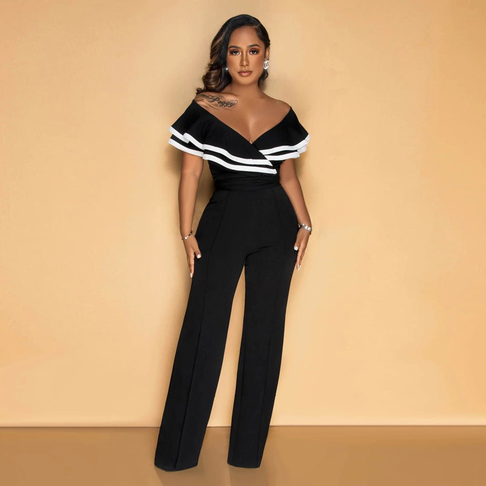 Chic Off-Shoulder Summer Jumpsuit with Ruffled Pant Legs and Belted Detail-Slay Eclectic