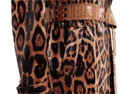 Chic Snakeskin Leopard Print Long Trench Coat for Women - Elegant Long Sleeve Leather Overcoat - Slay Eclectic