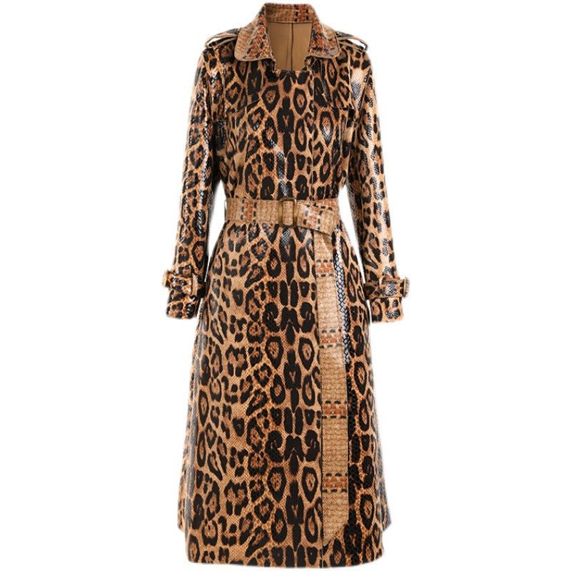 Chic Snakeskin Leopard Print Long Trench Coat for Women - Elegant Long Sleeve Leather Overcoat - Slay Eclectic