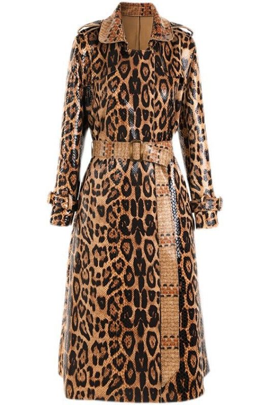 Coat - Chic Snakeskin Leopard Print Long Trench Coat For Women - Elegant Long Sleeve Leather Overcoat