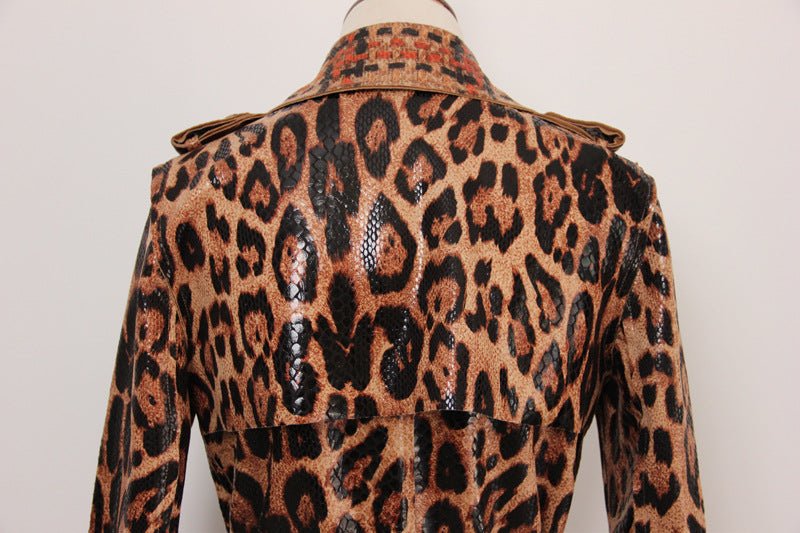 Chic Snakeskin Leopard Print Long Trench Coat for Women - Elegant Long Sleeve Leather Overcoat - Slay Eclectic