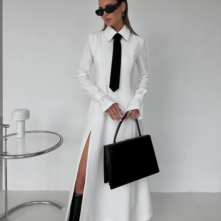 Chic Women's Long Sleeve Collared Split Dress for Early Spring Elegance-Slay Eclectic