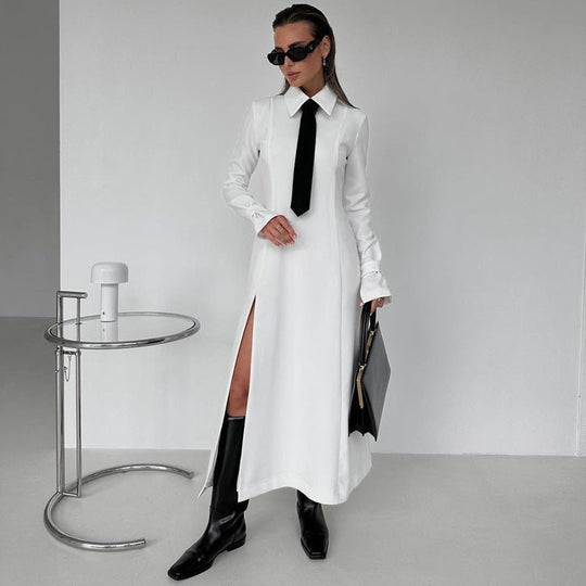 Chic Women's Long Sleeve Collared Split Dress for Early Spring Elegance-Slay Eclectic