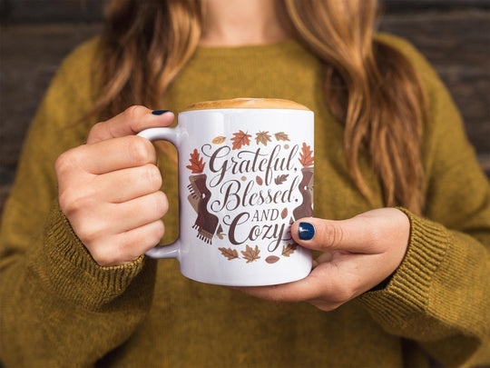 Cozy Gratitude Ceramic Mug – Festive White Holiday Coffee Cup for Thanksgiving, Christmas & New Year - Slay Eclectic