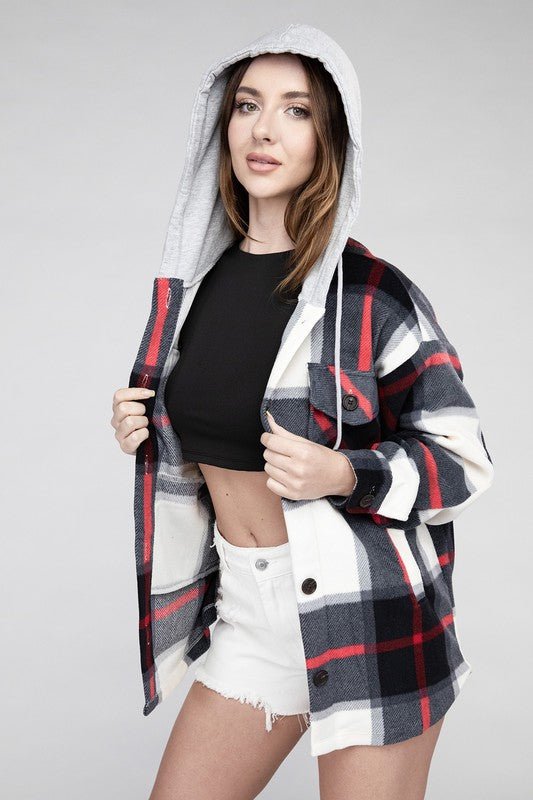 Cozy Plaid Fleece Hooded Shacket with Drawstring | Slay Eclectic