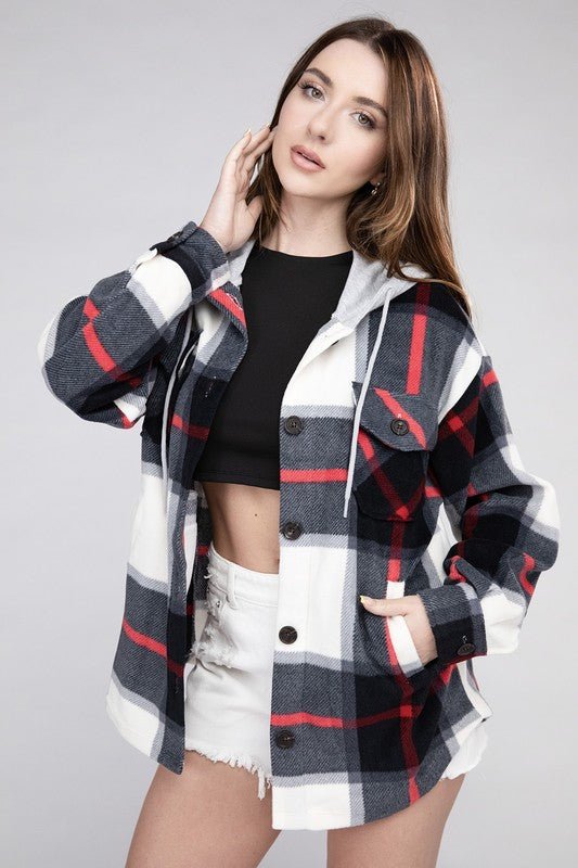 Cozy Plaid Fleece Hooded Shacket with Drawstring | Slay Eclectic