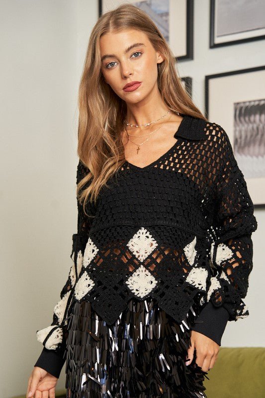 Crochet V Neck Long Sleeve Knit Sweater Top - Slay Eclectic