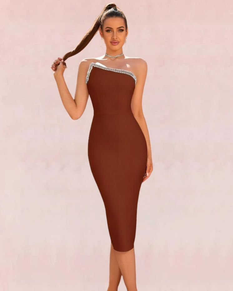 Curvaceous Bodycon Midi Dress - Brown | Slay Eclectic