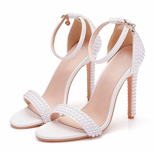 Women'S White Pearl Embellished Wedding Heels with Bow and Ankle Strap – Elegant Bridal Shoes for Weddings and Formal Events