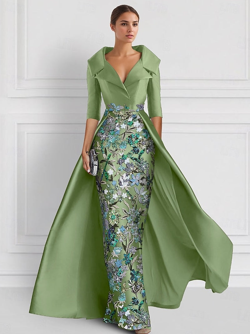 Green Embroidered A-Line Evening Gown Elegant Dress Formal Wedding Floor Length Half Sleeve Shirt Collar Satin with Slit Appliques 2025