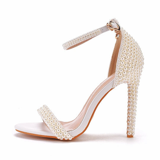 Women'S White Pearl Embellished Wedding Heels with Bow and Ankle Strap – Elegant Bridal Shoes for Weddings and Formal Events