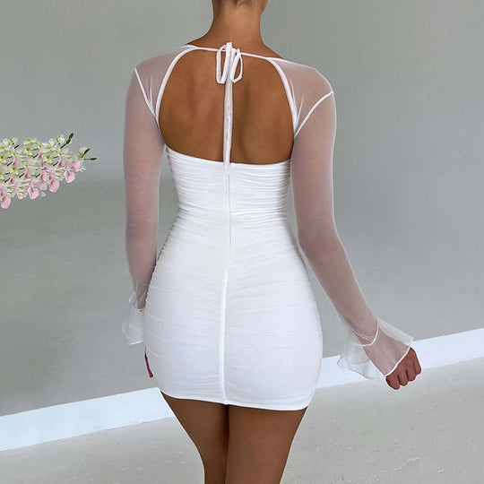 Daring Backless Bodycon Dress with Sheer Long Sleeves – Perfect for Spring/Summer Nights!-Slay Eclectic