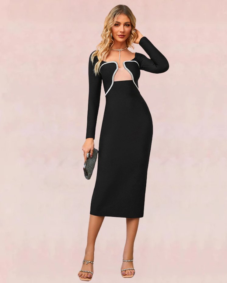 Diamond Adorned Bandage Midi Dress - Black - Slay Eclectic