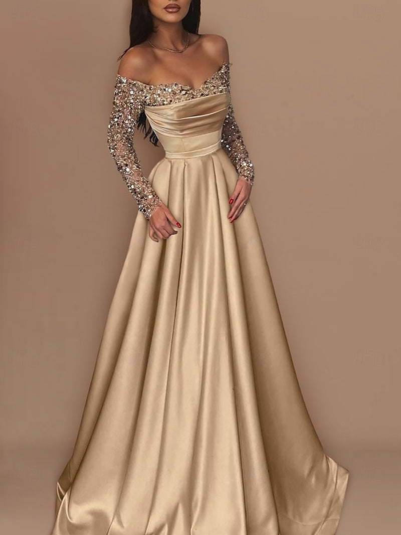 TS Ball Gown Gold Evening Gown Hot Dress Engagement Wedding Reception Sweep / Brush Train 3/4 Length Sleeve off Shoulder Satin with Sequin 2025