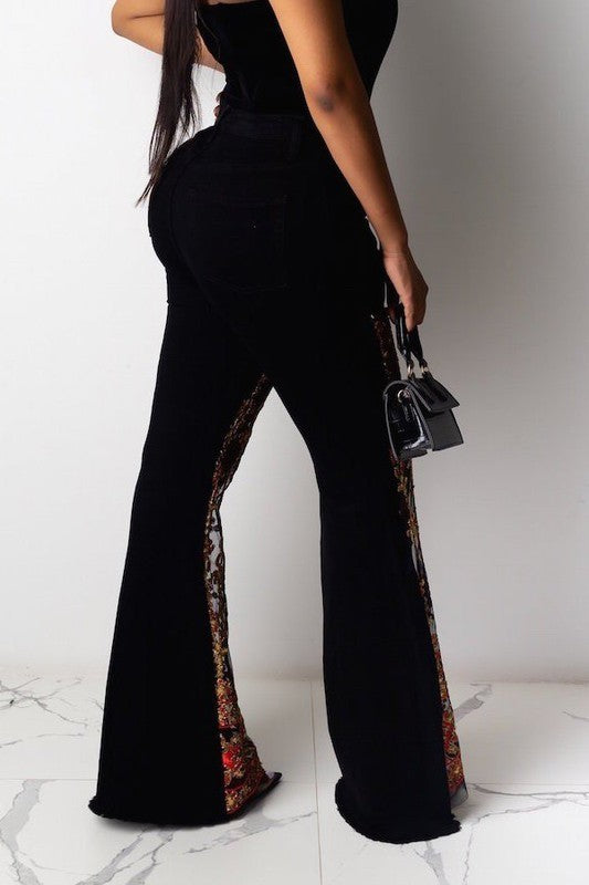 Cosmic Lace Frayed Bell Bottom Jeans-Slay Eclectic