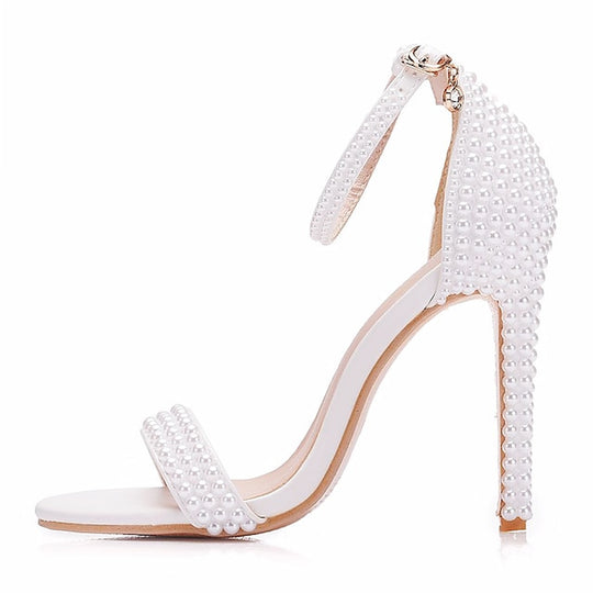 Women'S White Pearl Embellished Wedding Heels with Bow and Ankle Strap – Elegant Bridal Shoes for Weddings and Formal Events