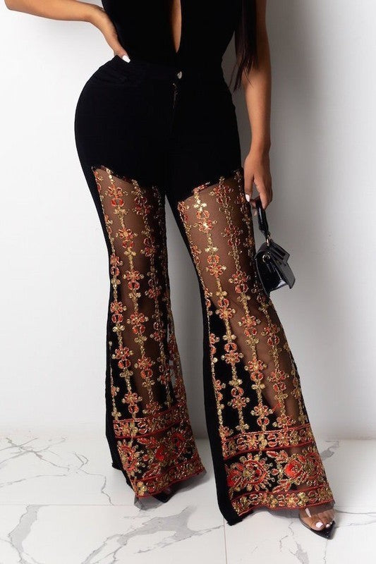 Cosmic Lace Frayed Bell Bottom Jeans-Slay Eclectic