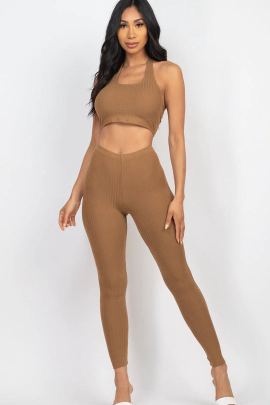 Chic Ribbed Halter Neck Crop & Leggings Ensemble (CAPELLA)-Slay Eclectic